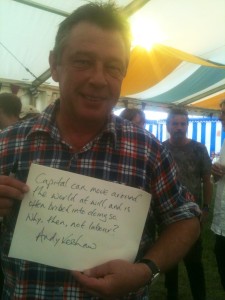 Andy Kershaw #wordsofwelcome @regmeuross at Village Pump Folk Fest 2